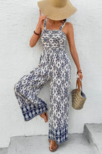 Load image into Gallery viewer, Blue Boho Geometric Print Shirred High Waist Wide Leg Jumpsuit - Fashion Queen - 4