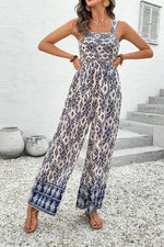 Load image into Gallery viewer, Blue Boho Geometric Print Shirred High Waist Wide Leg Jumpsuit - Fashion Queen - 5