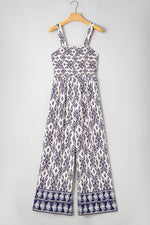 Load image into Gallery viewer, Blue Boho Geometric Print Shirred High Waist Wide Leg Jumpsuit - Fashion Queen - 8