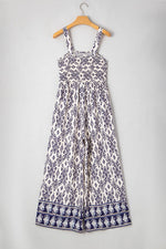 Load image into Gallery viewer, Blue Boho Geometric Print Shirred High Waist Wide Leg Jumpsuit - Fashion Queen - 9