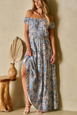 Load image into Gallery viewer, Blue Boho Paisley Print Off Shoulder Maxi Dress - Fashion Queen - 10