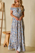 Load image into Gallery viewer, Blue Boho Paisley Print Off Shoulder Maxi Dress - Fashion Queen - 11