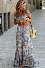 Load image into Gallery viewer, Blue Boho Paisley Print Off Shoulder Maxi Dress - Fashion Queen - 4