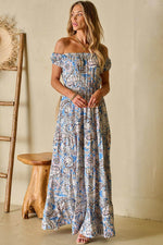 Load image into Gallery viewer, Blue Boho Paisley Print Off Shoulder Maxi Dress - Fashion Queen - 5