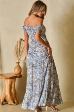 Load image into Gallery viewer, Blue Boho Paisley Print Off Shoulder Maxi Dress - Fashion Queen - 6