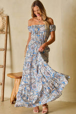 Load image into Gallery viewer, Blue Boho Paisley Print Off Shoulder Maxi Dress - Fashion Queen - 7