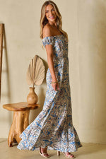 Load image into Gallery viewer, Blue Boho Paisley Print Off Shoulder Maxi Dress - Fashion Queen - 8