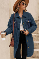 Load image into Gallery viewer, Blue Contrast Flap Pocket Single Breasted Teddy Coat - Fashion Queen - 10