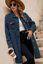 Load image into Gallery viewer, Blue Contrast Flap Pocket Single Breasted Teddy Coat - Fashion Queen - 3