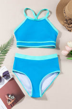 Load image into Gallery viewer, Blue Contrast Trim Crisscross Back High Waisted Bikini - Fashion Queen - 10