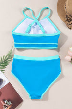 Load image into Gallery viewer, Blue Contrast Trim Crisscross Back High Waisted Bikini - Fashion Queen - 11
