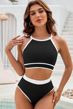 Load image into Gallery viewer, Blue Contrast Trim Crisscross Back High Waisted Bikini - Fashion Queen - 20
