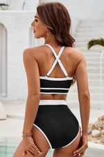 Load image into Gallery viewer, Blue Contrast Trim Crisscross Back High Waisted Bikini - Fashion Queen - 5