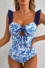 Load image into Gallery viewer, Blue Cutout Ruffled Spaghetti Strap One-Piece Swimwear - Fashion Queen - 4