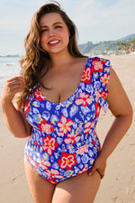 Load image into Gallery viewer, Blue Floral Print Ruffled V Neck High Waist One Piece Swimwear - Fashion Queen - 1