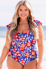 Load image into Gallery viewer, Blue Floral Print Ruffled V Neck High Waist One Piece Swimwear - Fashion Queen - 10