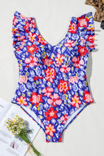 Load image into Gallery viewer, Blue Floral Print Ruffled V Neck High Waist One Piece Swimwear - Fashion Queen - 11