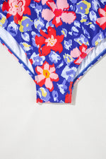Load image into Gallery viewer, Blue Floral Print Ruffled V Neck High Waist One Piece Swimwear - Fashion Queen - 13
