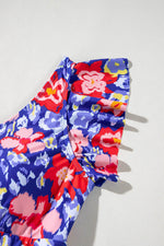 Load image into Gallery viewer, Blue Floral Print Ruffled V Neck High Waist One Piece Swimwear - Fashion Queen - 14