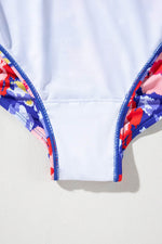 Load image into Gallery viewer, Blue Floral Print Ruffled V Neck High Waist One Piece Swimwear - Fashion Queen - 18