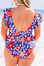 Load image into Gallery viewer, Blue Floral Print Ruffled V Neck High Waist One Piece Swimwear - Fashion Queen - 9