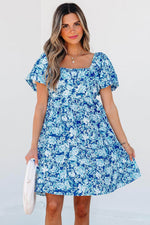 Load image into Gallery viewer, Blue Floral Puff Sleeve Babydoll Mini Dress - Fashion Queen - 1