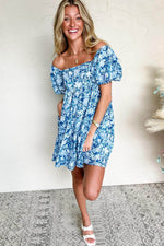 Load image into Gallery viewer, Blue Floral Puff Sleeve Babydoll Mini Dress - Fashion Queen - 11