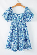 Load image into Gallery viewer, Blue Floral Puff Sleeve Babydoll Mini Dress - Fashion Queen - 12
