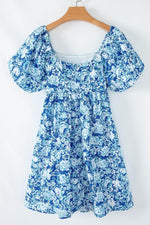 Load image into Gallery viewer, Blue Floral Puff Sleeve Babydoll Mini Dress - Fashion Queen - 13