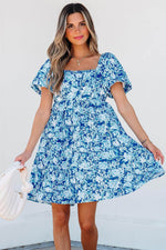 Load image into Gallery viewer, Blue Floral Puff Sleeve Babydoll Mini Dress - Fashion Queen - 5