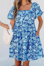 Load image into Gallery viewer, Blue Floral Puff Sleeve Babydoll Mini Dress - Fashion Queen - 7