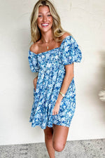 Load image into Gallery viewer, Blue Floral Puff Sleeve Babydoll Mini Dress - Fashion Queen - 9