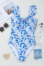 Load image into Gallery viewer, Blue Floral Ruffled Strap Lace-up Hollow Out One Piece Swimsuit - Fashion Queen - 11
