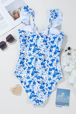 Load image into Gallery viewer, Blue Floral Ruffled Strap Lace-up Hollow Out One Piece Swimsuit - Fashion Queen - 12