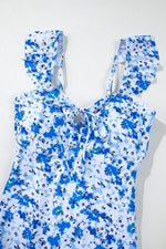 Load image into Gallery viewer, Blue Floral Ruffled Strap Lace-up Hollow Out One Piece Swimsuit - Fashion Queen - 17