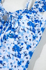 Load image into Gallery viewer, Blue Floral Ruffled Strap Lace-up Hollow Out One Piece Swimsuit - Fashion Queen - 19