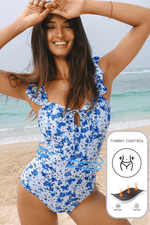 Load image into Gallery viewer, Blue Floral Ruffled Strap Lace-up Hollow Out One Piece Swimsuit - Fashion Queen - 2