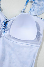 Load image into Gallery viewer, Blue Floral Ruffled Strap Lace-up Hollow Out One Piece Swimsuit - Fashion Queen - 23