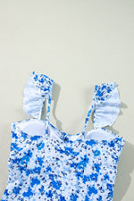 Load image into Gallery viewer, Blue Floral Ruffled Strap Lace-up Hollow Out One Piece Swimsuit - Fashion Queen - 30