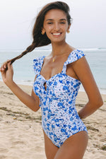 Load image into Gallery viewer, Blue Floral Ruffled Strap Lace-up Hollow Out One Piece Swimsuit - Fashion Queen - 5