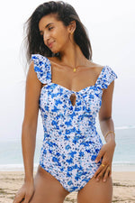 Load image into Gallery viewer, Blue Floral Ruffled Strap Lace-up Hollow Out One Piece Swimsuit - Fashion Queen - 8