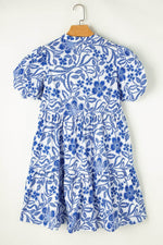 Load image into Gallery viewer, Blue Flower Print Puff Sleeve Tiered Dress - Fashion Queen - 9