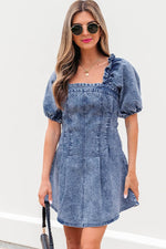 Load image into Gallery viewer, Blue Frilly Square Neck Bustier Puff Sleeve Short Denim Dress - Fashion Queen - 13