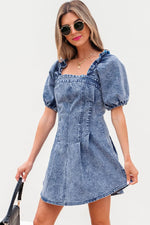 Load image into Gallery viewer, Blue Frilly Square Neck Bustier Puff Sleeve Short Denim Dress - Fashion Queen - 16