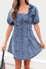 Load image into Gallery viewer, Blue Frilly Square Neck Bustier Puff Sleeve Short Denim Dress - Fashion Queen - 17