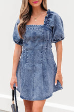 Load image into Gallery viewer, Blue Frilly Square Neck Bustier Puff Sleeve Short Denim Dress - Fashion Queen - 19
