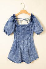 Load image into Gallery viewer, Blue Frilly Square Neck Bustier Puff Sleeve Short Denim Dress - Fashion Queen - 6