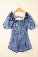 Load image into Gallery viewer, Blue Frilly Square Neck Bustier Puff Sleeve Short Denim Dress - Fashion Queen - 7