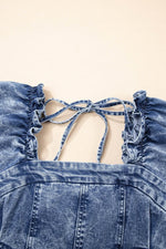 Load image into Gallery viewer, Blue Frilly Square Neck Bustier Puff Sleeve Short Denim Dress - Fashion Queen - 8