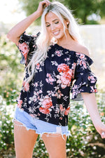 Load image into Gallery viewer, Blue Ruffle Off Shoulder Flounce Sleeve Floral Blouse - Fashion Queen -  10